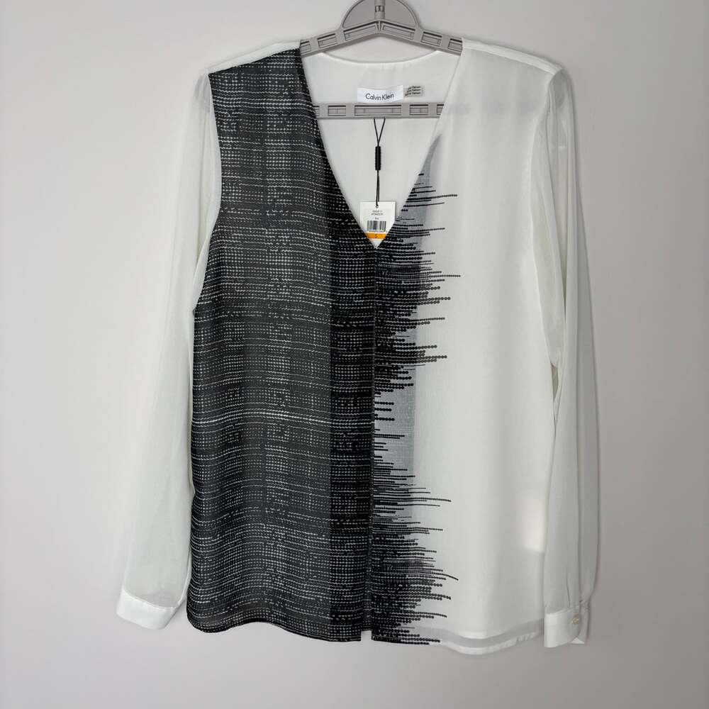 Calvin Klein NEW inverted pleat top womens S black cream flowy sheer